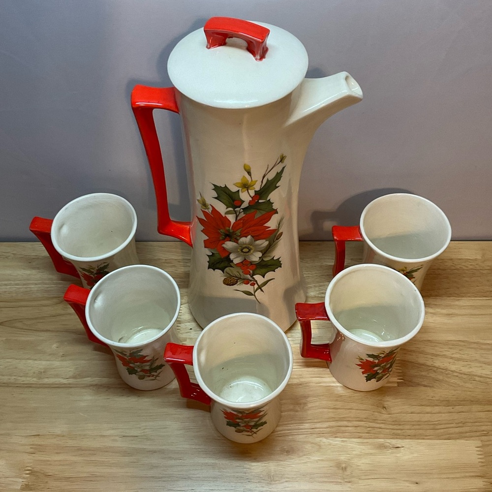 🎄Vintage MCM Arners Poinsettia Flower Christmas Chocolate Pot & 5 Matching Mugs - Picture 3 of 14